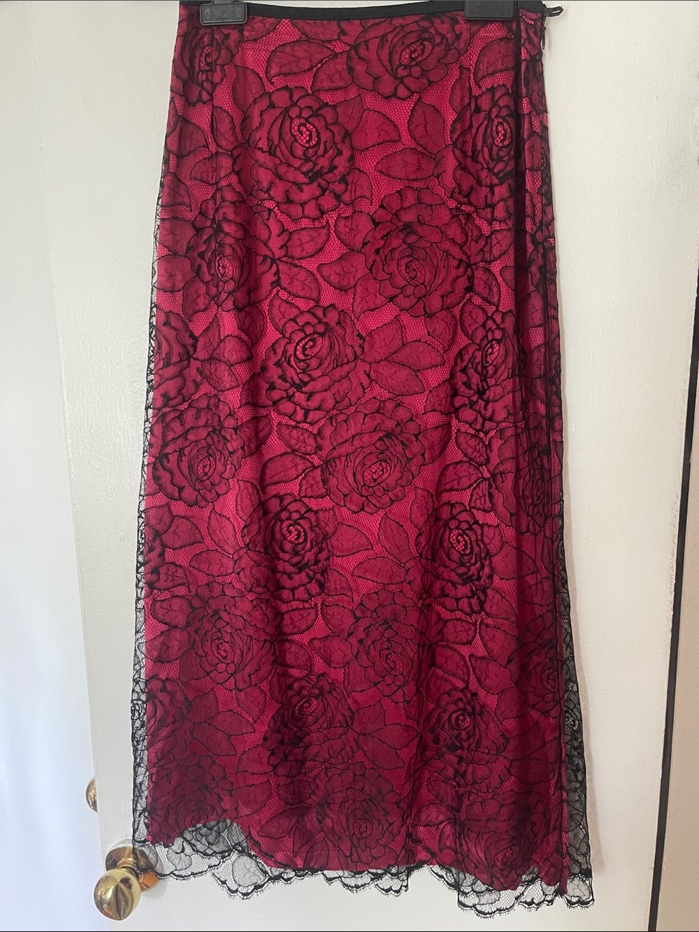 Escada Fuchsia Madi Skirt with Black Floral Lace Overlay